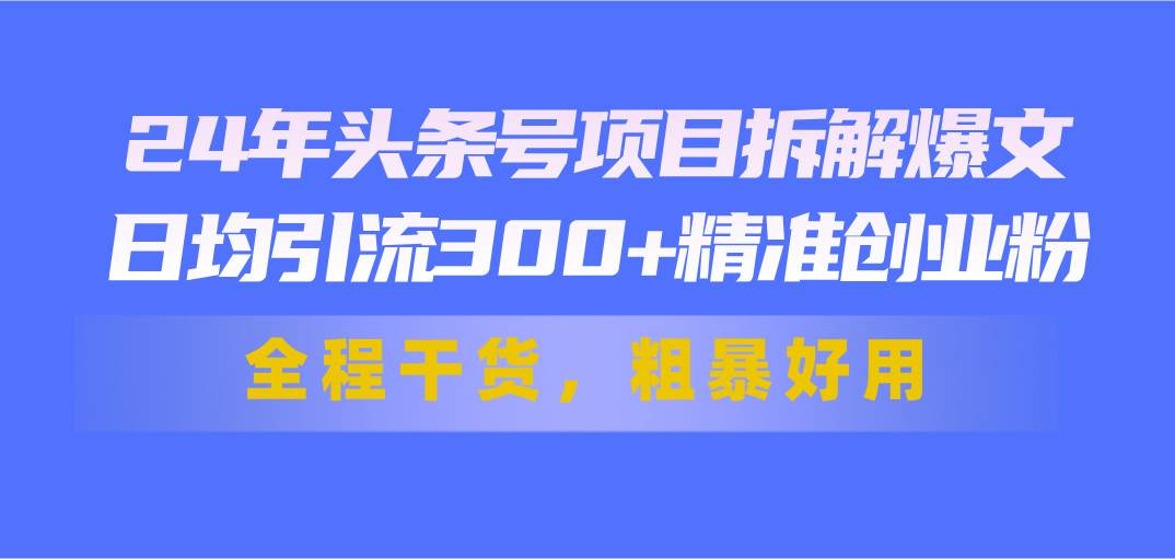 24年头条号项目拆解爆文，日均引流300+精准创业粉，全程干货，粗暴好用-飞宇网创
