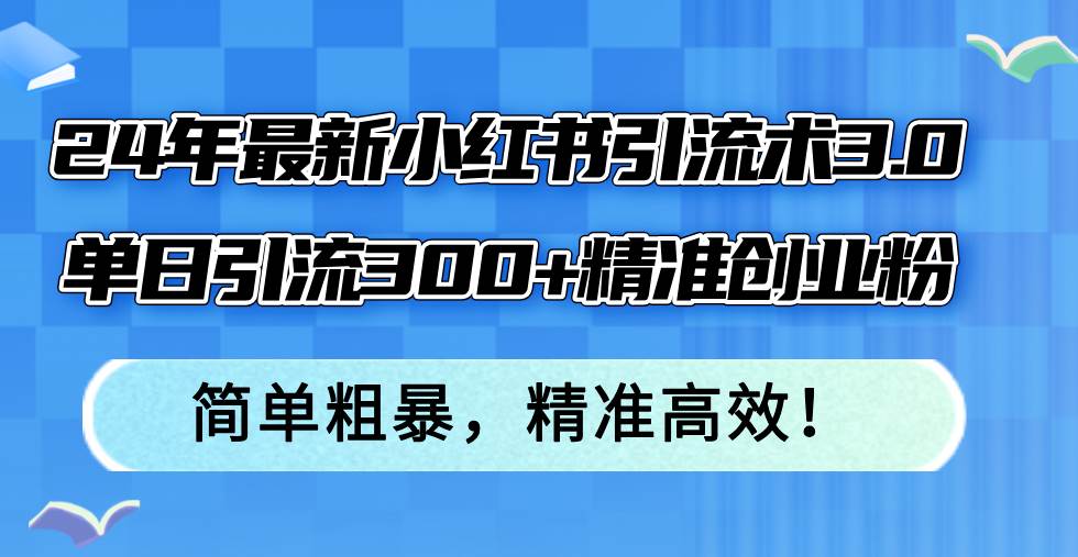 24年最新小红书引流术3.0，单日引流300+精准创业粉，简单粗暴，精准高效！-飞宇网创