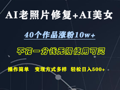 AI老照片修复+AI美女玩发  40个作品涨粉10w+  不花一分钱使用可灵  操作简单  变现方式多样话   轻松日去500+-飞宇网创