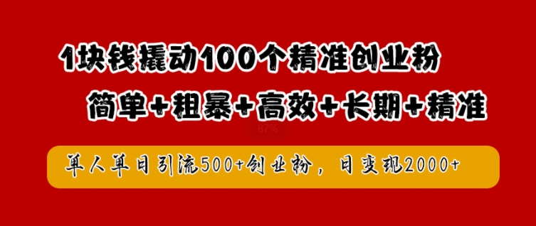 1块钱撬动100个精准创业粉，简单粗暴高效长期精准，单人单日引流500+创业粉，日变现2k【揭秘】-飞宇网创